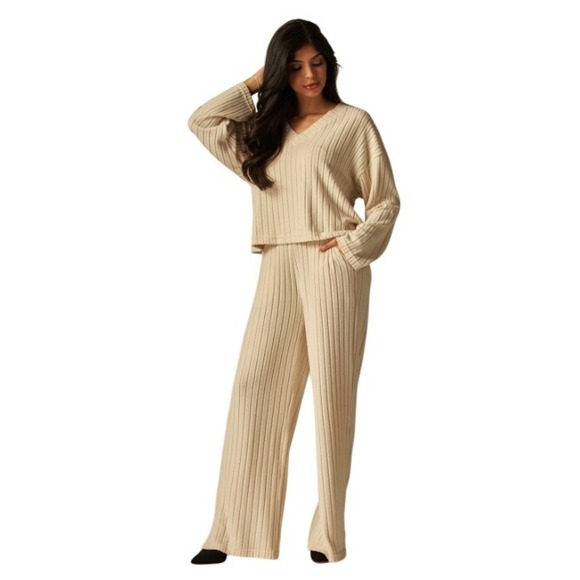 Love Pants - Ribbed Knit Lounge Set V-Neck Top Wide Leg Pants Casual Comfy Women's